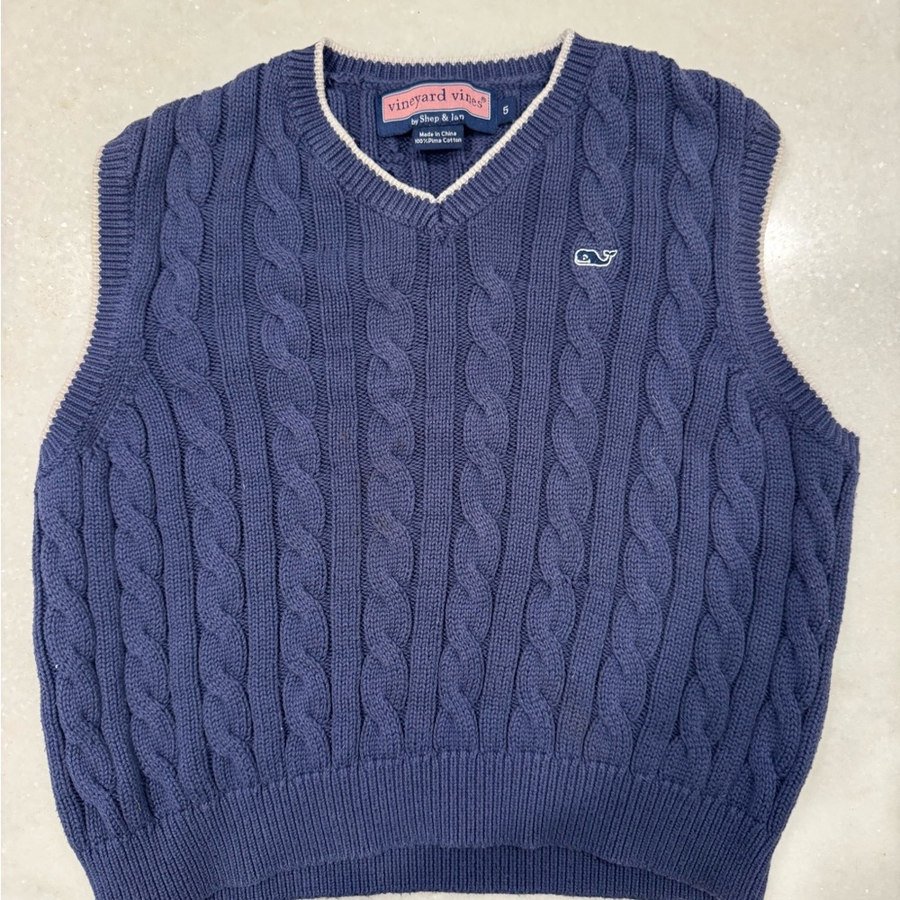 Vineyard Vines Youth V-Neck Cable Knit Sweater Vest Navy EUC Size 5